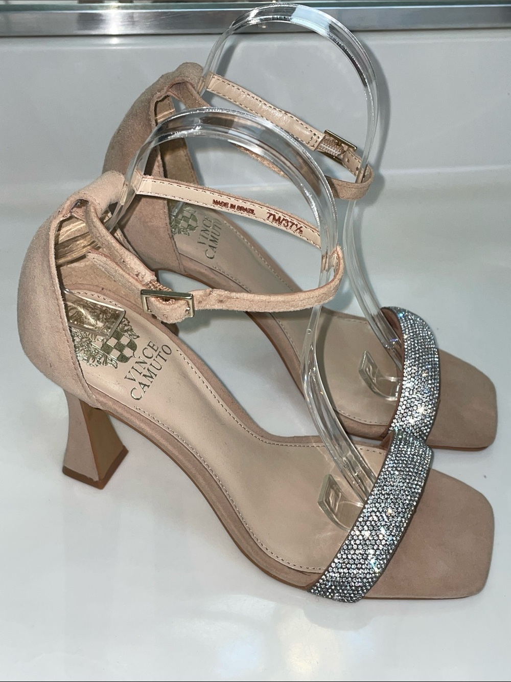 Vince Camuto Suede Leather Tan Rhinestone Embellished Square Toe Heels